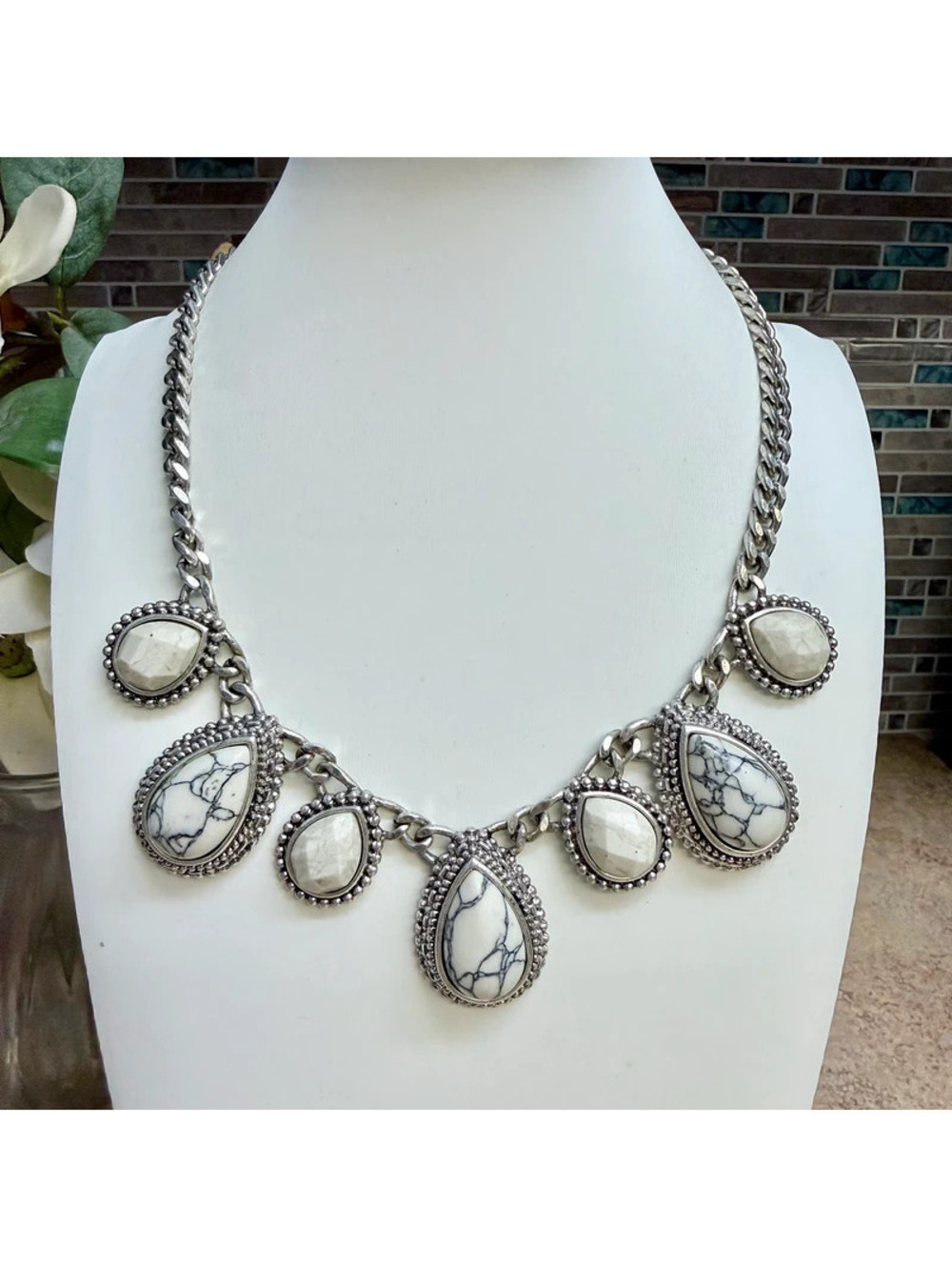 Express Statement Bib Necklace Silver Tone White Faux Howlite Turquoise Teardrop